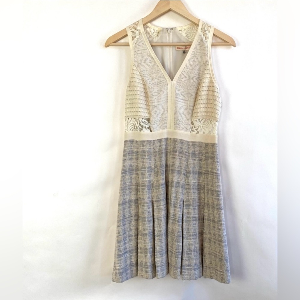 Rebecca Taylor Gray Cream Lace 2000’s Style Pleated Skirt Sleeveless Midi Dress
